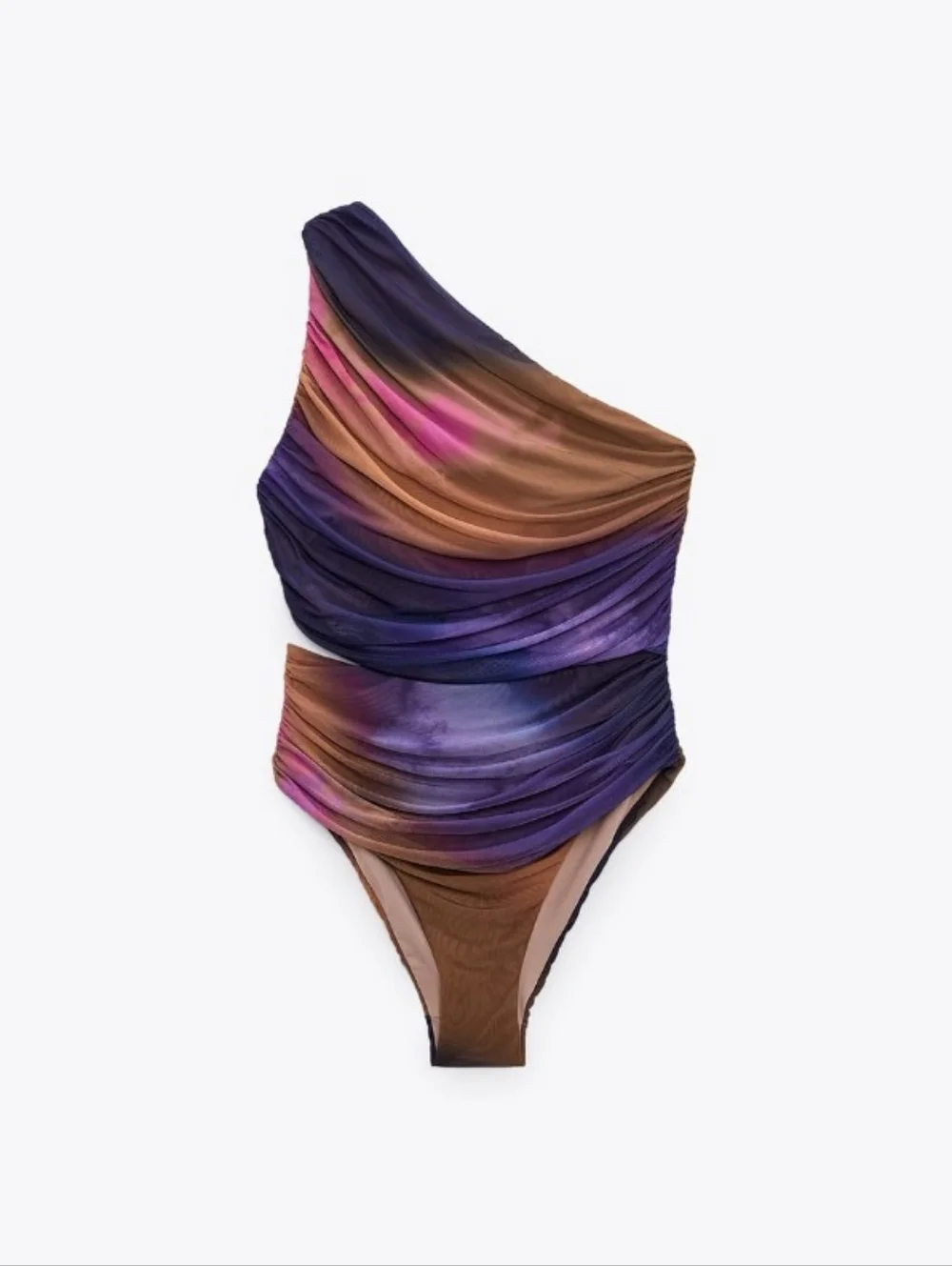 Zara Printed Tulle Swimsuit Asymmetric Neckline Ruched Fabric Size S NWT - Picture 3 of 8